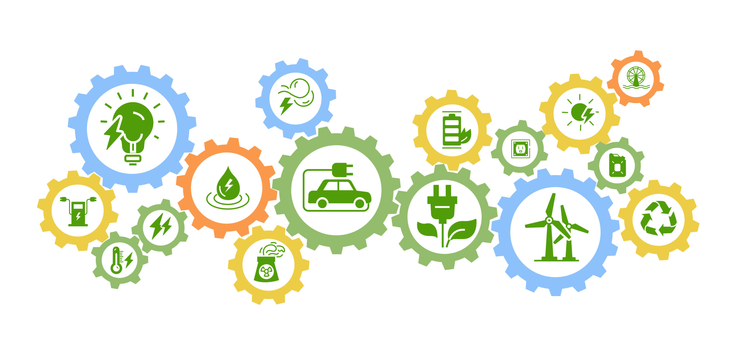 Energy sources banner. Caring for nature and environment. Wind generators and hydro station, electric vehicle and car. Recycling and reuse. Flat vector illustrations isolated on white background